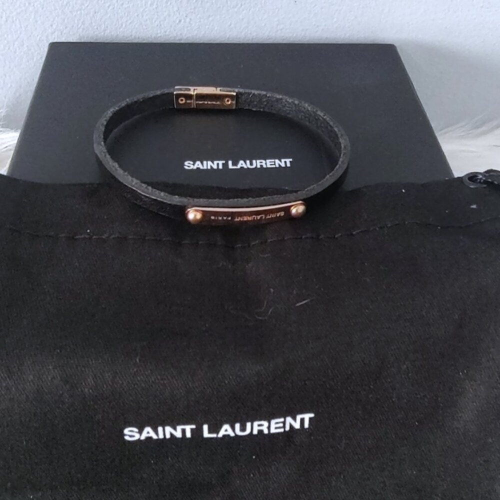 Yves Saint Laurent leather bracelet gold-tone plaque full set dust bag box EUC - Picture 9 of 9